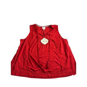 Knox Rose Womens Rebel Red Sleeveless Eyelet Tunic Tank Top XL Tassel Cotton Ble